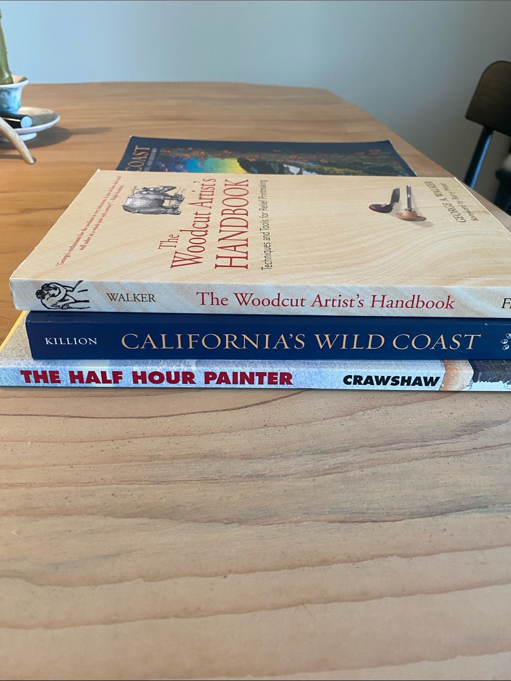 Stack of art books. The woodcut artists handbook, 30 minute painter, etc